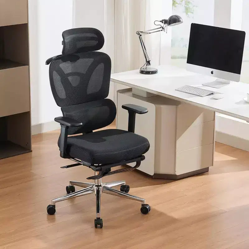 Chaise de bureau ergonomique en maille - Dossier haut, support lombaire réglable, appui-tête et repose-pieds rembourrés, siège large et respirant, chaise de bureau pivotante