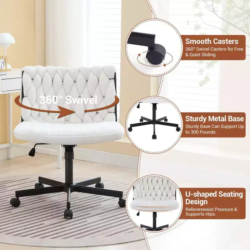 Chaise de bureau à roulettes, Chaise croisée en tissu gris, Chaise de bureau pivotante à roulettes, Chaise d'ordinateur à siège large, Chaise de vanité réglable en hauteur