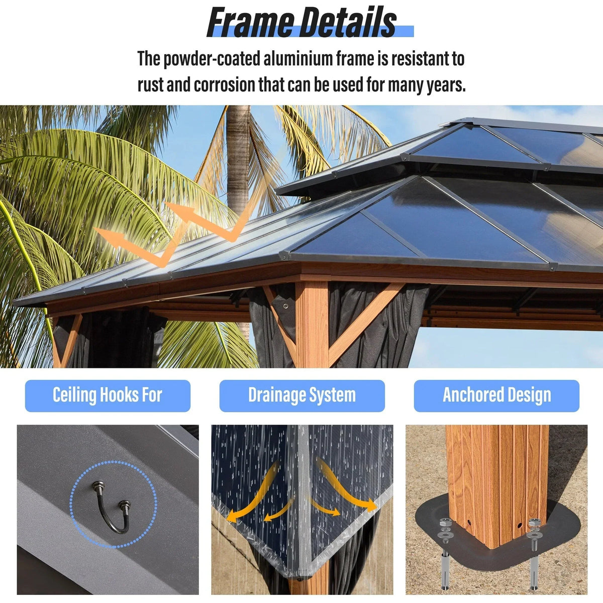 Tonnelle EROMMY à toit rigide, pergola extérieure avec double toit, moustiquaire et rideaux, auvent robuste pour patio, jardin, fête au bord de la piscine
