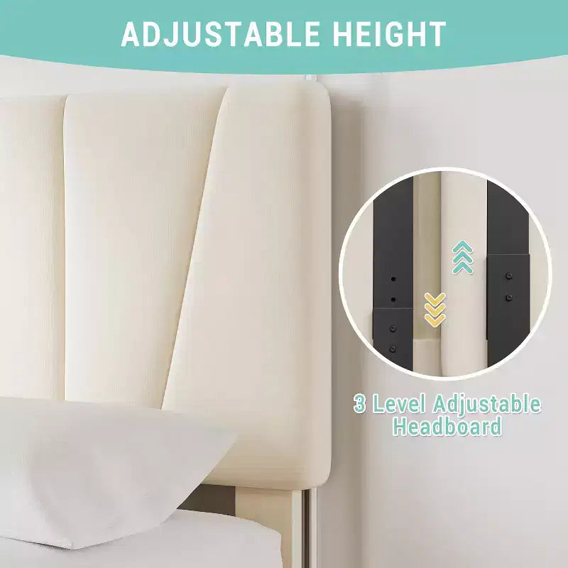 Lit Queen Size avec tête de lit réglable et 4 tiroirs de rangement, cadre de lit plateforme rembourré doux avec support à lattes en bois
