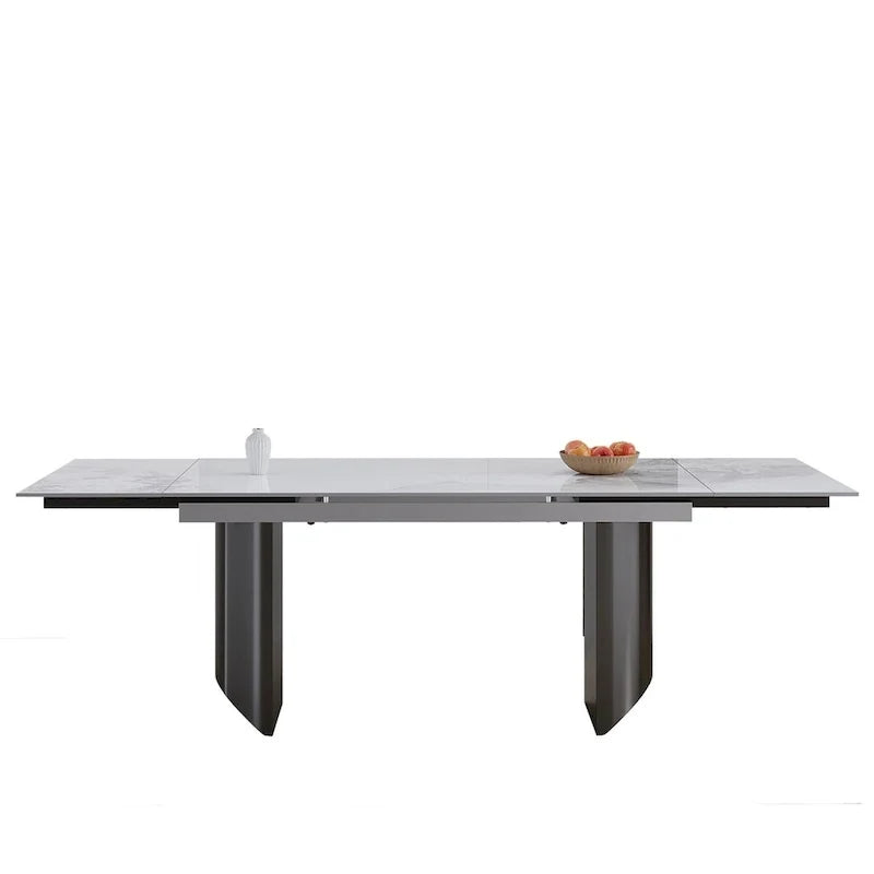 Ensemble de salle à manger extensible moderne et minimaliste 9 pièces 94.48 avec plateau en pierre frittée et double piédestal, avec 8 chaises en tissu