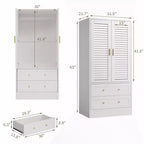Armoire penderie à persiennes de 165 cm, Meuble de rangement en bois avec 2 portes et 2 tiroirs, Armoire de chambre avec tringle de suspension