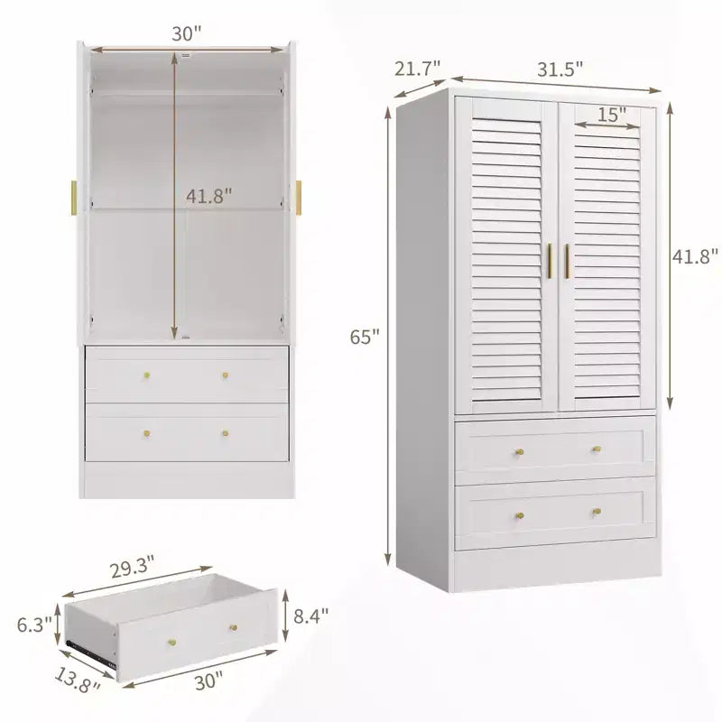 Armoire penderie à persiennes de 165 cm, Meuble de rangement en bois avec 2 portes et 2 tiroirs, Armoire de chambre avec tringle de suspension