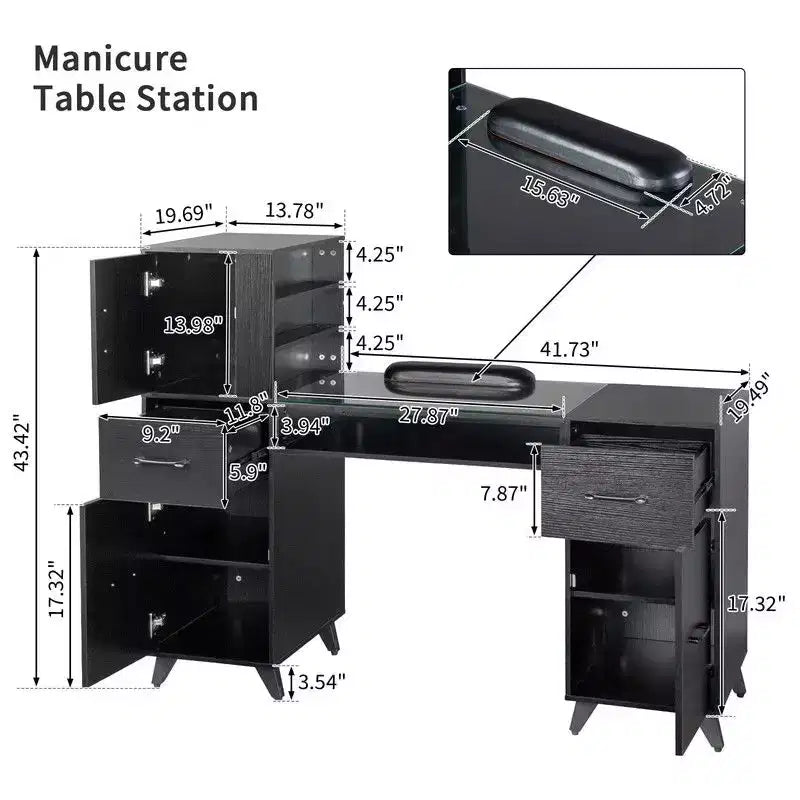 Table de manucure Karlhome noire 55 pouces L x 19 pouces l x 44 pouces H, bureau de salon moderne avec plateau en verre et coussin de poignet