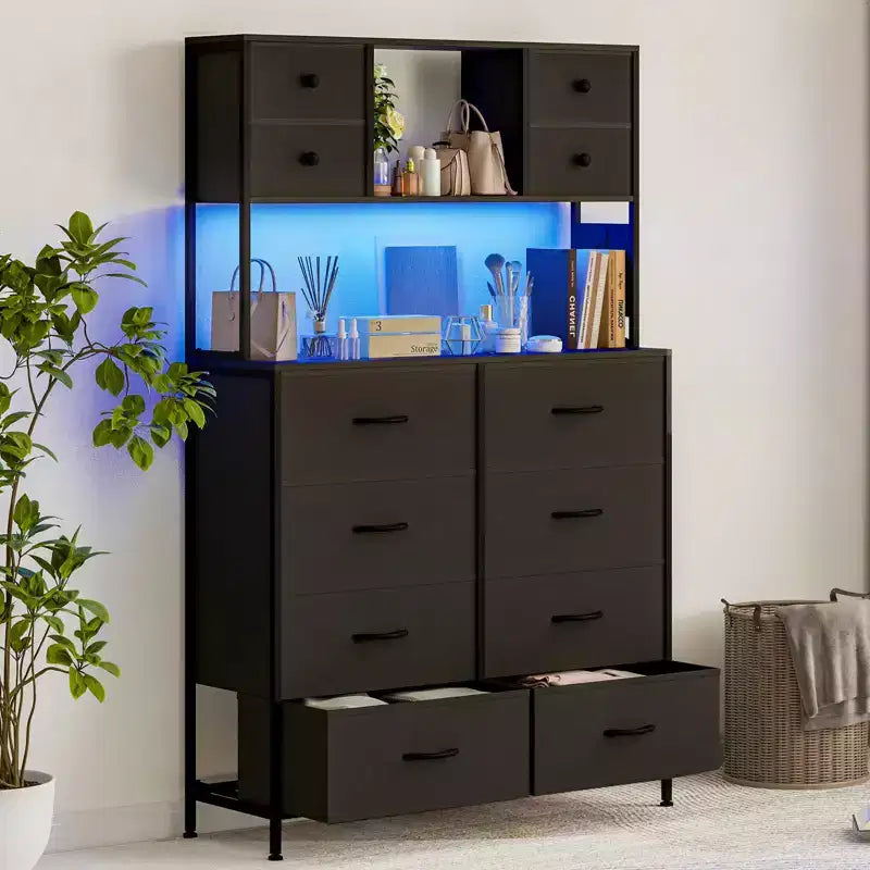 Commode de chambre, commode en tissu à 12 tiroirs, étagères ouvertes, plateau en bois et cadre en métal pour chambre à coucher, couloir ou salon