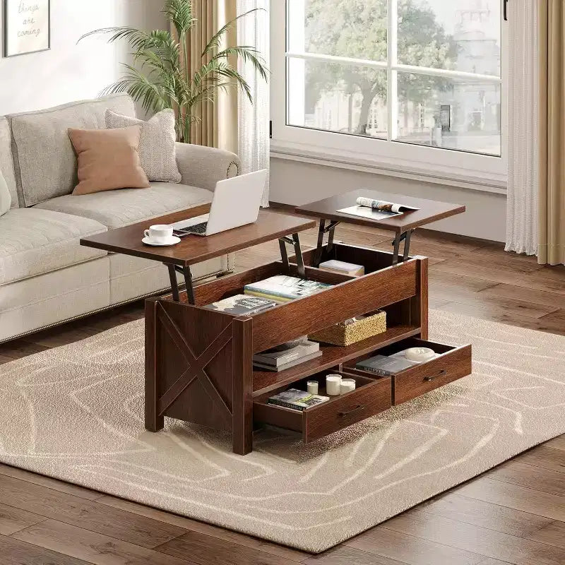 Table basse double de 120 cm de hauteur réglable, marron, avec tiroirs de rangement ; table de canapé réglable en hauteur à deux parties avec étagères cachées.