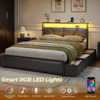 Cadre de lit double Qwatto avec 6 tiroirs, station de charge, lumières LED, tête de lit rembourrée en cuir PU, plateforme en métal, pas besoin de sommier.