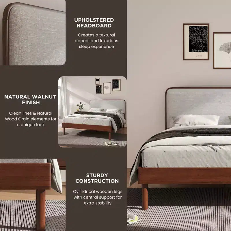 Lit Plateforme Queen Roundhill Furniture Wyller en Bois d'Hévéa, Fini Noyer Naturel