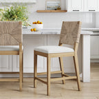 Tabouret de bar Beacon Bohemian Boucle, Chaise de comptoir rembourrée avec structure en bois massif et dossier en jonc de mer tressé