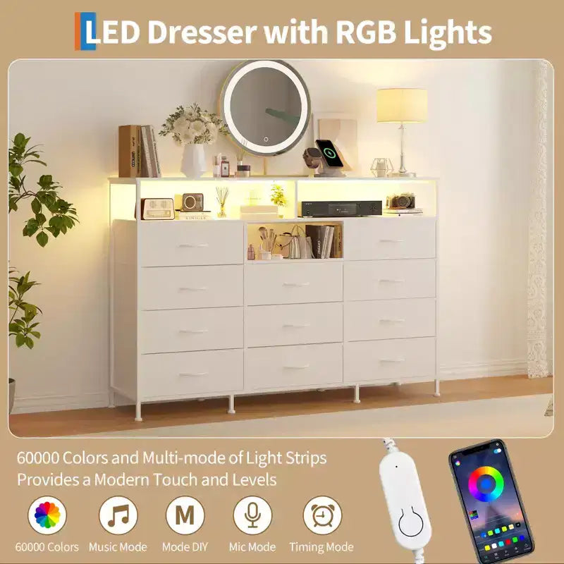 COZONY Meuble TV 55 avec commode en tissu 11 tiroirs et étagères ouvertes, organisateur de rangement pour chambre et salon