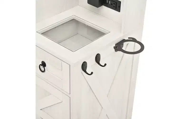 Coiffeuse de ferme avec miroir coulissant à LED, 4 tiroirs et 2 armoires, station de charge, plateau en verre et armoire latérale pour chambre à coucher