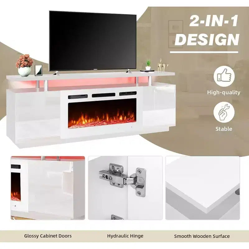 Meuble TV EROMMY 36'' avec cheminée électrique, centre de divertissement et console TV pour téléviseurs jusqu'à 80'', chauffage de cheminée moderne pour salon - Blanc