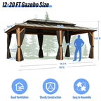 Tonnelle EROMMY à toit rigide, pergola extérieure avec double toit, moustiquaire et rideaux, auvent robuste pour patio, jardin, fête au bord de la piscine