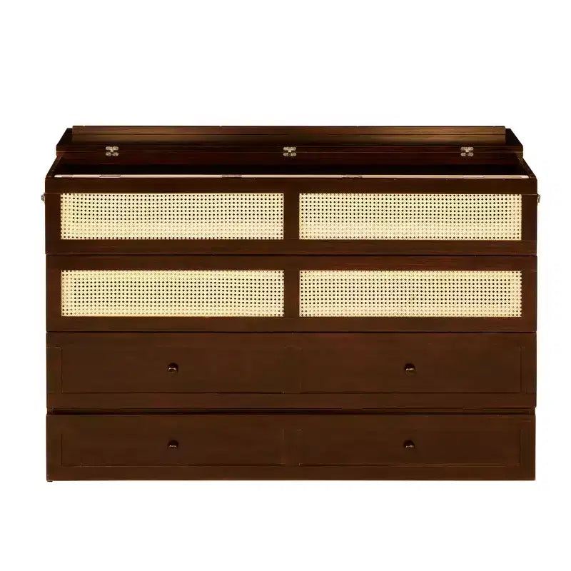 Lit escamotable Whisen Queen Size en pin avec décoration en rotin et tiroir de rangement