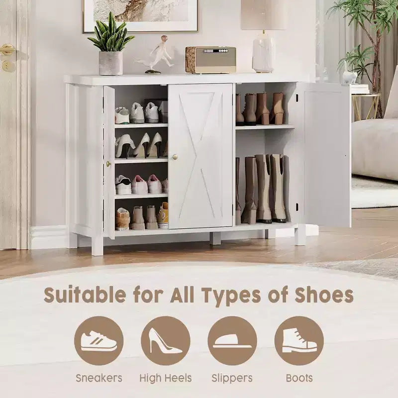 Meuble à chaussures 4 niveaux Coolmee avec portes, meuble à chaussures de style fermier de 89 cm pour entrée, grand meuble de rangement à chaussures pour salon ou couloir