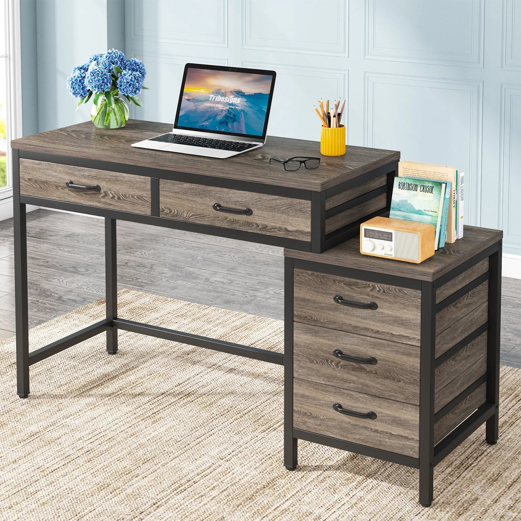 Bureau réversible avec 5 tiroirs, Bureau d'ordinateur de maison avec tiroir classeur et support d'imprimante
