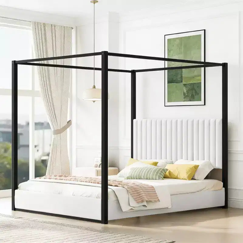 Lit plateforme à baldaquin moderne grand format Luxystar avec tête de lit rembourrée, noir
