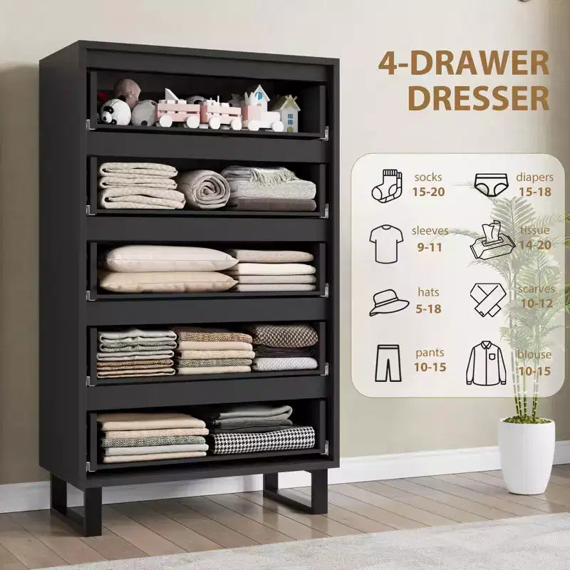 Acekool Commode Haute à 5 Tiroirs, 50 Commodes Verticales en Bois avec Pieds Détachables et Rangement Spacieux pour Chambre à Coucher, Salon, Couloir, Entrée, Noir