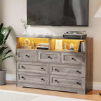 Commode en bois à 7 tiroirs avec station de recharge USB et lumières LED - Coiffeuse moderne avec 2 niches ouvertes pour chambre à coucher, salon, placard ou chambre d'enfant