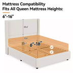 Lit plateforme capitonné Queen avec tête de lit à oreilles de 141 cm, support silencieux à lattes en bois, pas besoin de sommier tapissier