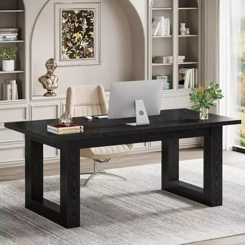 Lantine Bureau d'ordinateur de direction de 160 cm, Table d'écriture industrielle avec base en bois massif pour bureau à domicile