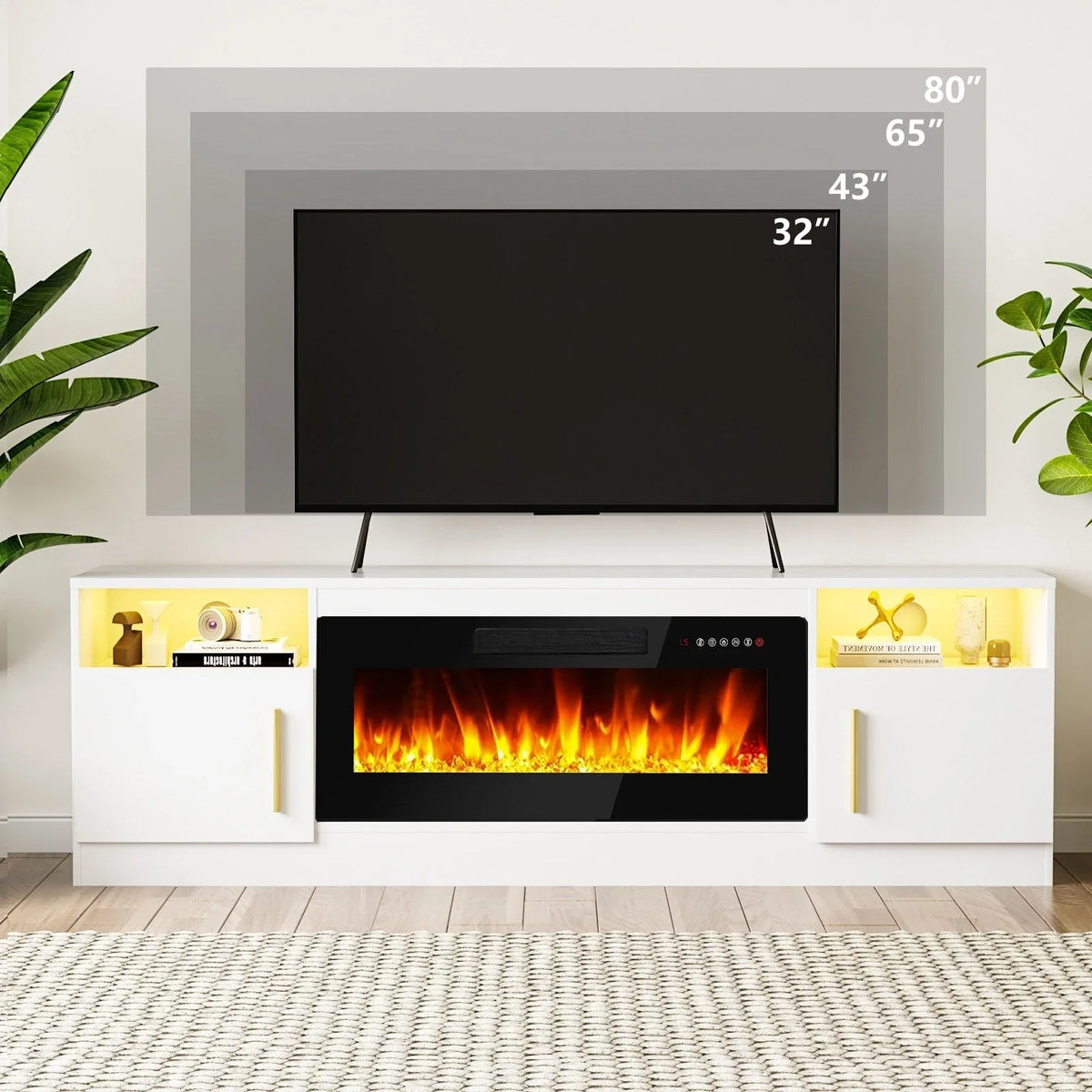 Meuble TV cheminée Bossin 70 avec cheminée électrique 36, meuble TV pour téléviseurs jusqu'à 80 pouces, lumières LED 16 couleurs/centre de divertissement