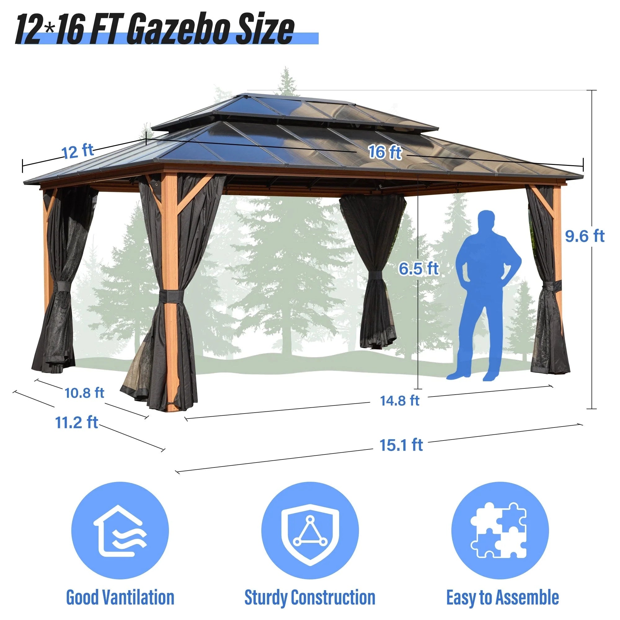 Tonnelle EROMMY à toit rigide, pergola extérieure avec double toit, moustiquaire et rideaux, auvent robuste pour patio, jardin, fête au bord de la piscine