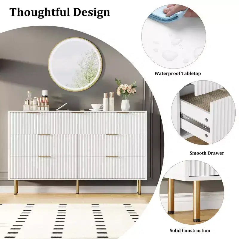 Commode moderne à 7 tiroirs cannelés avec poignées dorées, large commode de rangement en bois pour chambre à coucher, salon, entrée