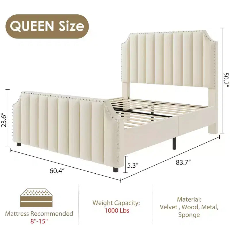 Cadre de lit WhizMax Grand lit/Très grand lit avec tête de lit de 127,5 cm de hauteur, cadre de lit Queen en velours avec tête et pied de lit touffetés à canaux verticaux