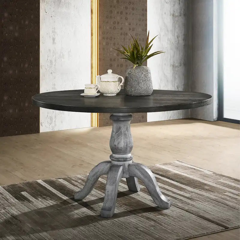 Ensemble de salle à manger 5 pièces d'inspiration vintage, finition patinée, avec table piédestal ronde et 4 chaises de salle à manger rembourrées