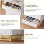 Commode de rangement moderne Acekool à 5 tiroirs avec poignées métalliques pour chambre, salon ou entrée - Blanc avec pieds en métal doré