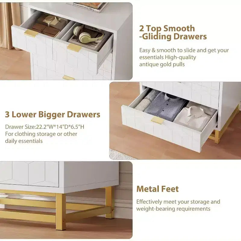 Commode de rangement moderne Acekool à 5 tiroirs avec poignées métalliques pour chambre, salon ou entrée - Blanc avec pieds en métal doré