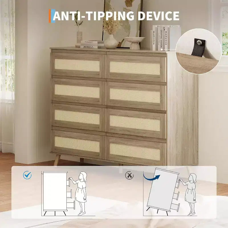Commode en rotin pour chambre à coucher avec 8 tiroirs, commode de 120 cm de large, commode double en bois moderne avec pieds en bois pour couloir, entrée