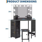 Coiffeuse d'angle avec miroir triptyque, station de charge, armoire de rangement, sac de rangement et tabouret, coiffeuse d'angle compacte pour chambre à coucher