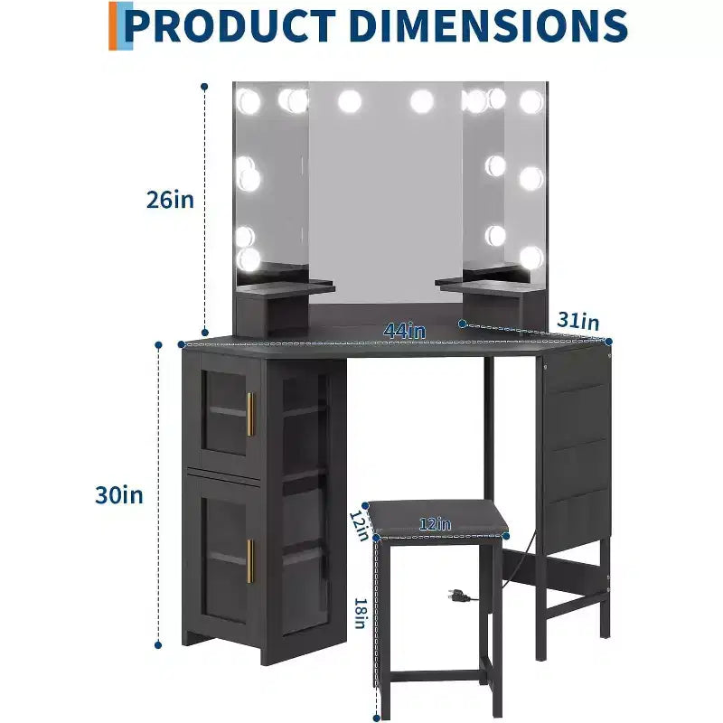 Coiffeuse d'angle avec miroir triptyque, station de charge, armoire de rangement, sac de rangement et tabouret, coiffeuse d'angle compacte pour chambre à coucher
