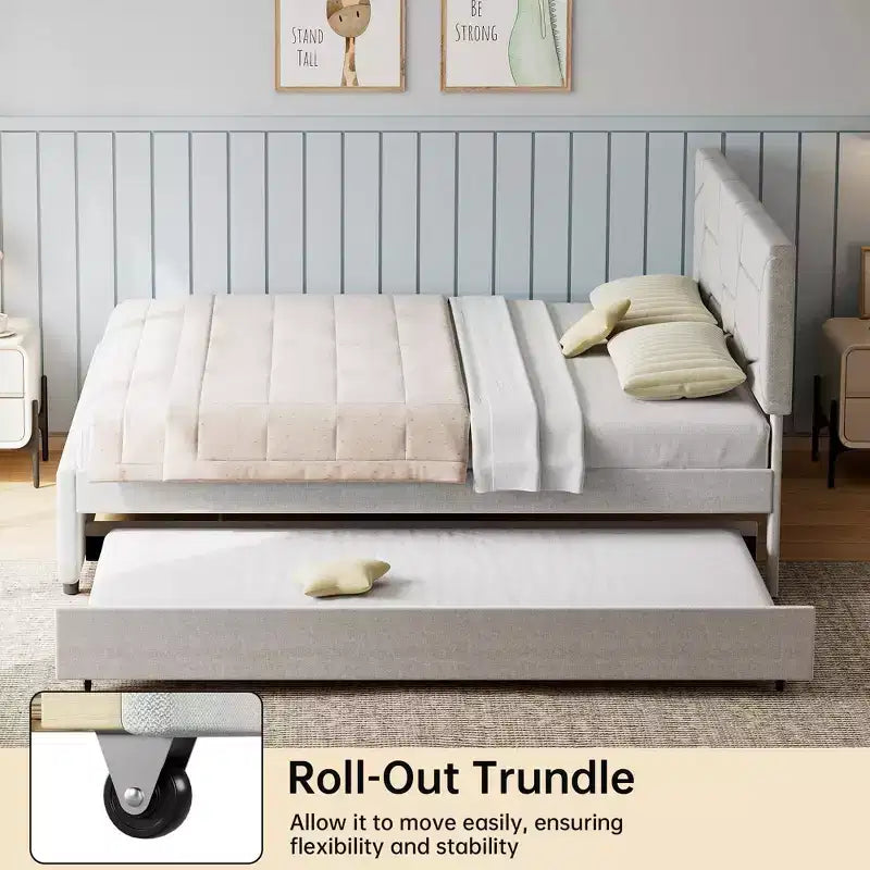 Lit gigogne jumeau, cadre de lit plateforme rembourré taille Queen, lit coulissant avec tête de lit, support à lattes en bois, pour chambre à coucher, salon, chambre d'amis