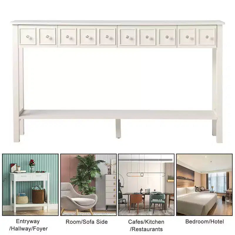 Table d'entrée vintage blanche à 2 niveaux avec 4 tiroirs en MDF 152,5*28*86,4cm