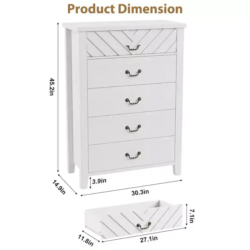 TROPOW Commode 5 tiroirs pour chambre à coucher, commode haute de 114,8 cm, tiroir vertical avec rangement autoportant, armoire de rangement en bois pour chambre à coucher