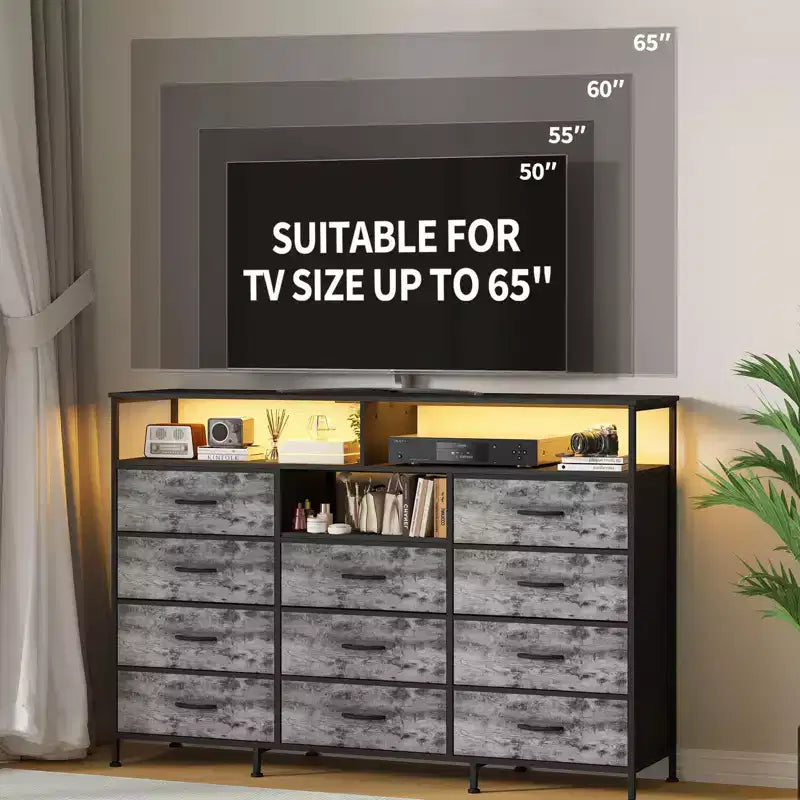 COZONY Meuble TV 55 avec commode en tissu 11 tiroirs et étagères ouvertes, organisateur de rangement pour chambre et salon