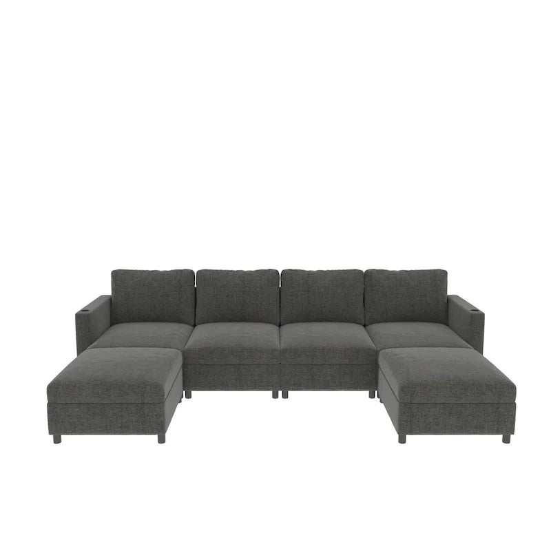 Canapé d'angle modulable 4 places en U gris 123 avec poufs de rangement