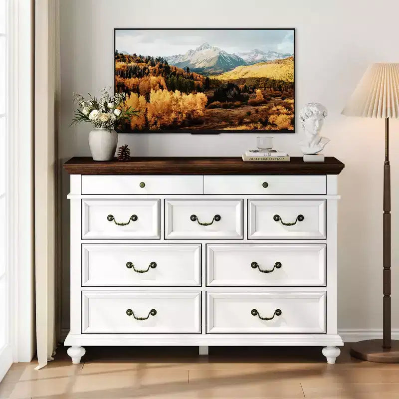 Commode de Ferme à 9 Tiroirs pour Chambre à Coucher, Large Commode Rustique en Bois de 47" avec 9 Tiroirs et Poignées en Métal, Grand Organiseur de Rangement