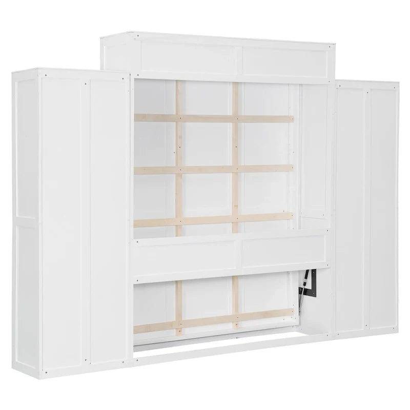 Lit escamotable mural avec armoire, tiroirs, éclairage LED et bureau