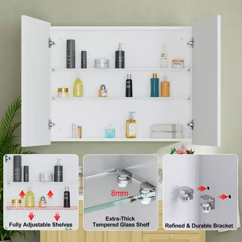 Armoire à pharmacie Elise avec miroir, armoire de salle de bain à montage en surface ou encastré, étagères réglables en verre trempé, réversible