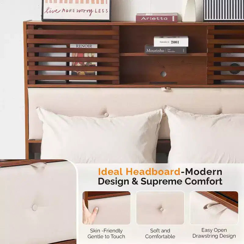 Cadre de lit en bois brun de luxe Karl Home, taille double, plateforme avec tête de lit capitonnée à LED, station de recharge