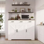 Buffet de salle à manger 59" style ferme avec portes de grange, 3 tiroirs et étagères, support pour micro-ondes, rangement moderne pour cuisine ou salle à manger