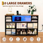 Commode de rangement à 10 tiroirs avec support TV, bande lumineuse LED et prises électriques, commode en tissu avec plateau en bois, meuble TV pour téléviseur de 55 pouces, commode de rangement