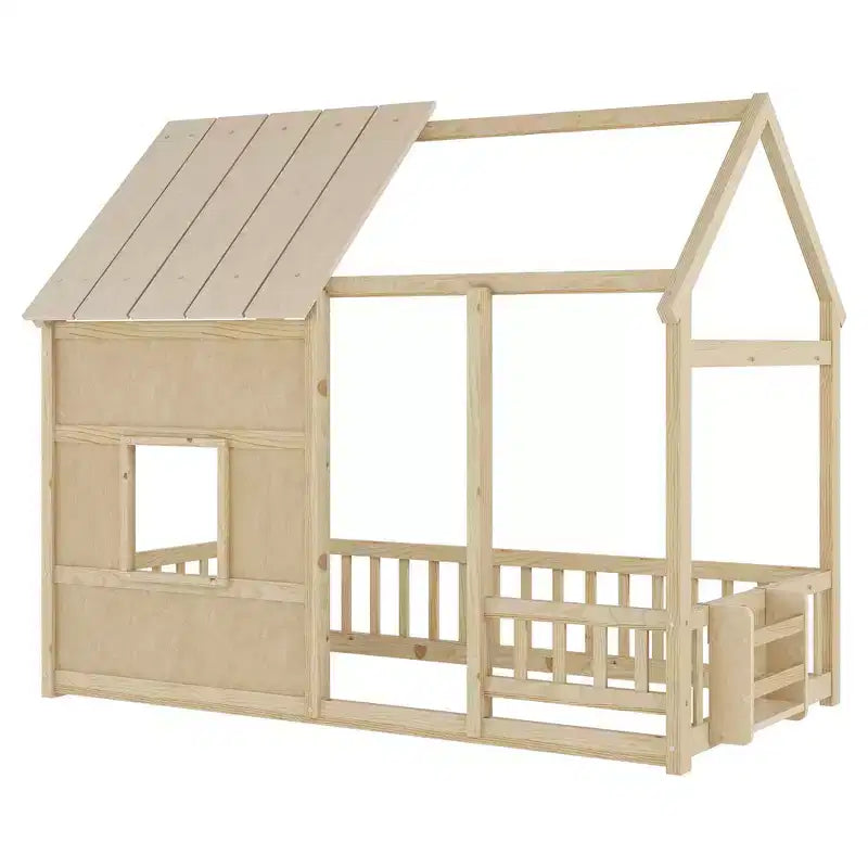 Cadre de lit au sol Whisen Twin Size, lit en forme de maison avec toit, clôture