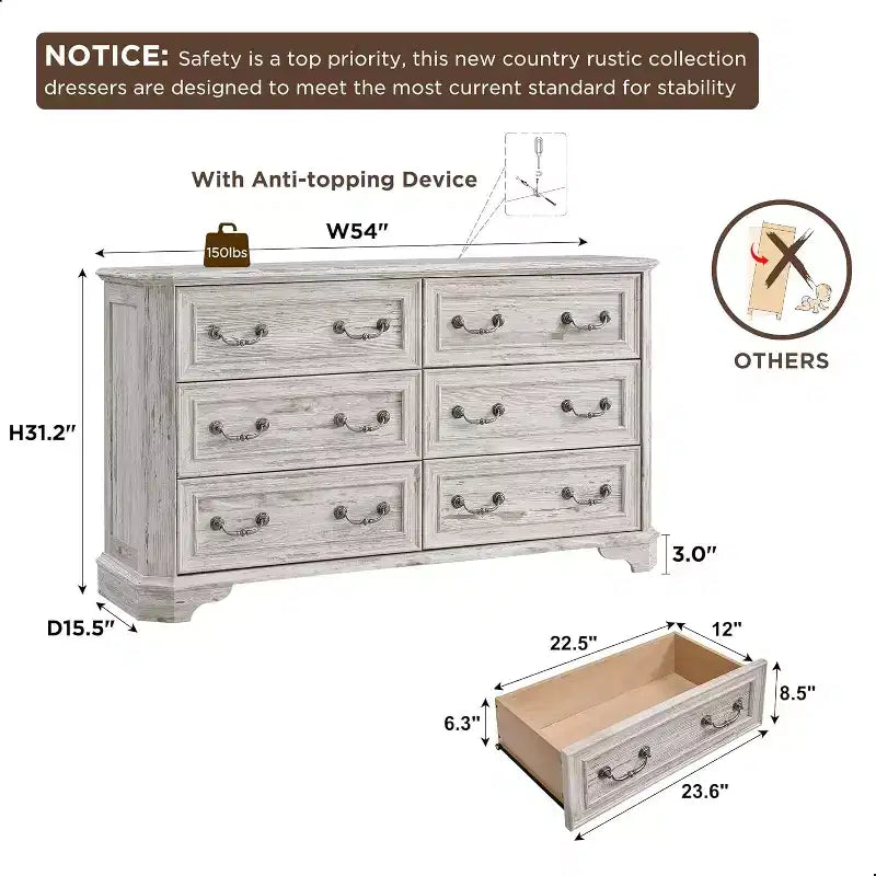 Commode à 6 tiroirs SinCiDo pour chambre à coucher, commode rustique en bois de style ferme, commode vintage de 54 po de largeur pour salon