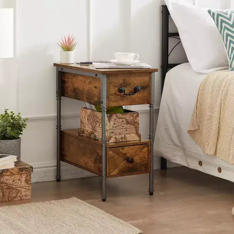 Table de chevet VECELO avec station de charge et tiroir, table d'appoint étroite avec port USB et prises électriques pour salon ou chambre à coucher, marron