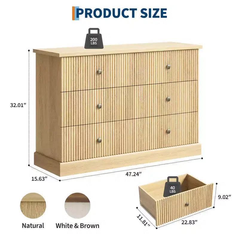 Commode à 6 tiroirs cannelés pour chambre à coucher, commode horizontale en bois avec poignées en métal, organiseur de rangement moderne pour chambre à coucher, salon